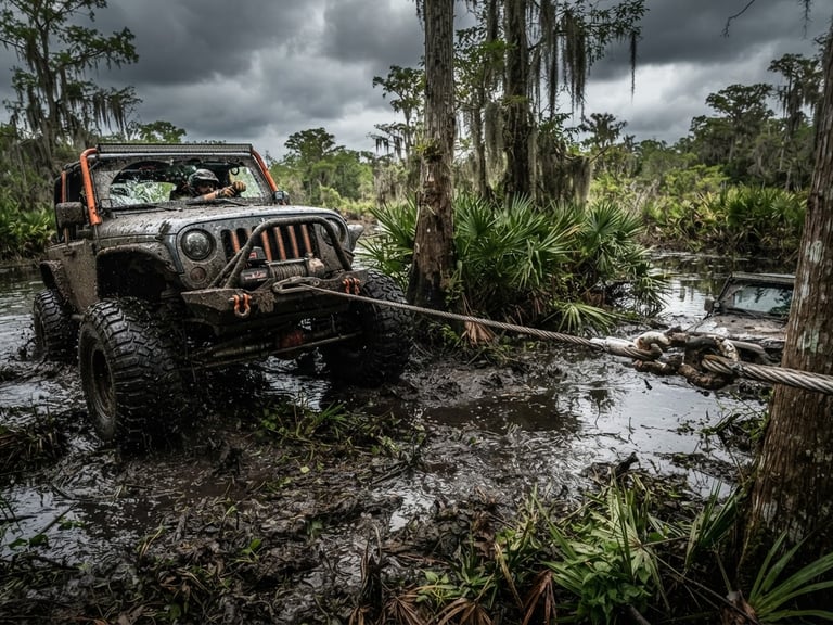 Low-angle dynamic shot of a muddy heavy-duty winch cable tensioned from a specialized off-road recovery rig in a Florida swamp, overcast dramatic daylight