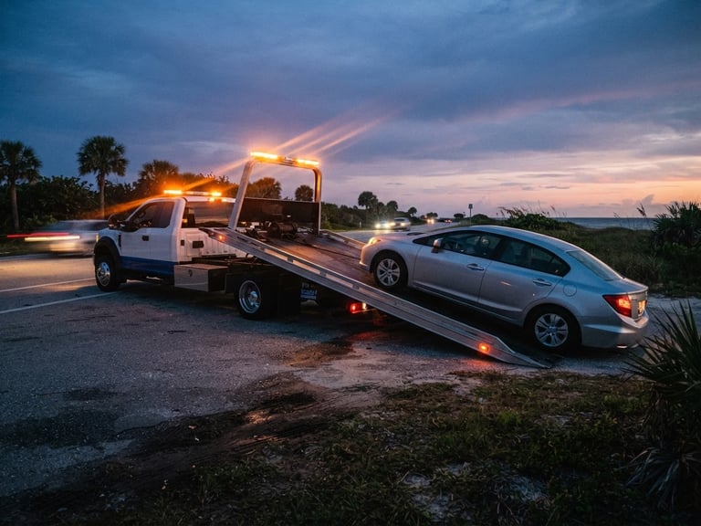 Low-angle dynamic shot of a clean flatbed tow truck loading a modern passenger car on the side of Florida route A1A at dusk, emergency orange strobes glowing, high contrast.