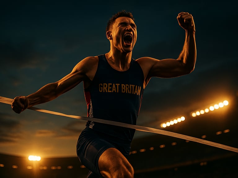 Dramatic sports photography, low-angle shot of a British runner crossing the finish line in triumph, golden-hour stadium backlight, deep navy and gold tones, sharp focus, 35mm