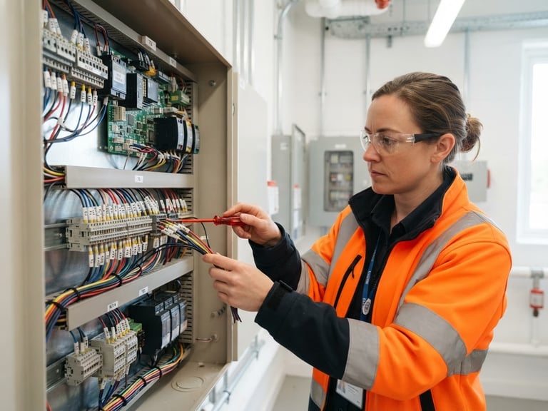 Crisp technical photography of a professional fire safety engineer in high-visibility gear inspecting a clean control panel wiring harness in a bright commercial utility room, sharp focus, 50mm lens.