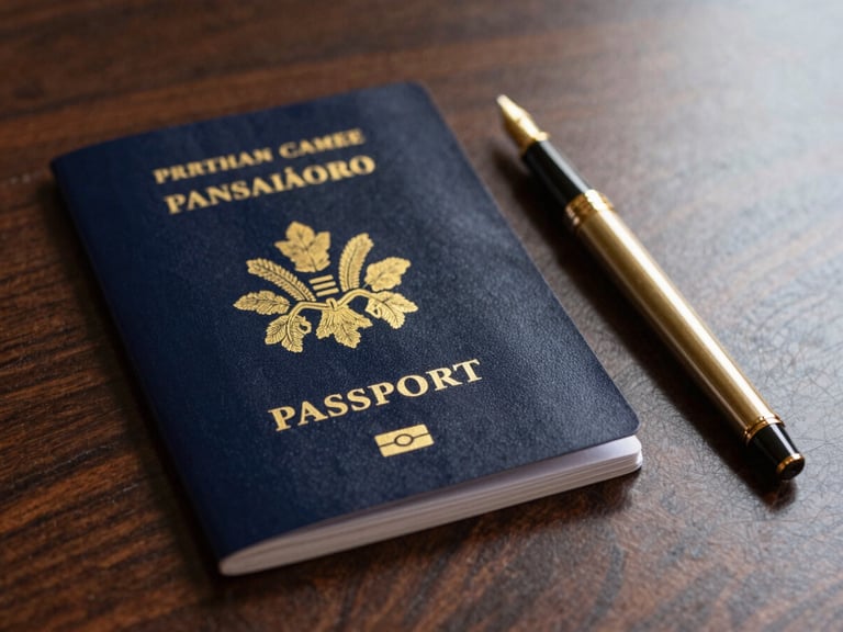 An elegant close-up of premium travel documents and a gold fountain pen resting on a dark walnut desk, soft library lighting, high contrast, 35mm