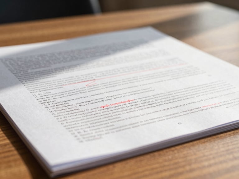 Macro close-up shot of an academic manuscript with clean red editorial markups and corrections on a wooden table, bright natural library daylight, shallow depth of field.