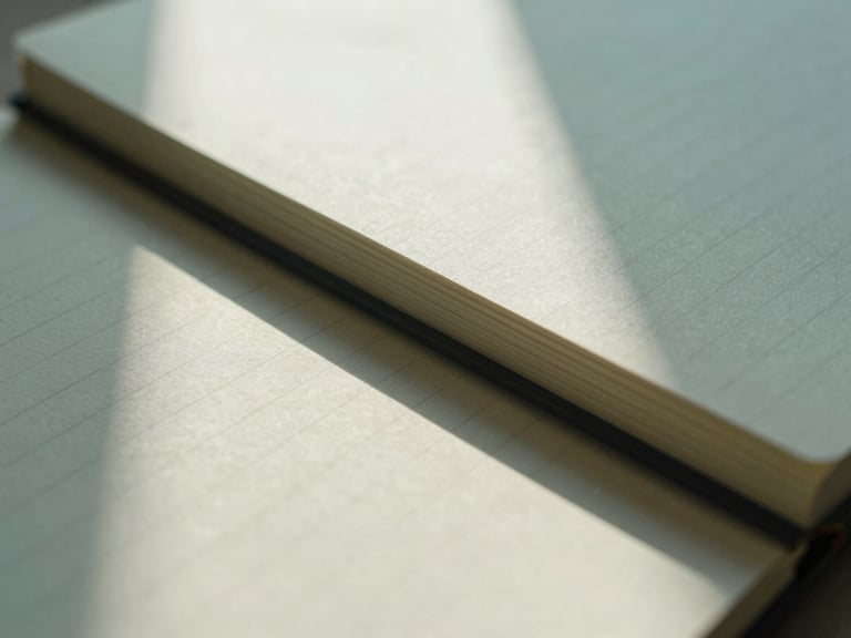 Macro photograph of warm natural light reflecting on clean, structured paper notebooks, representing organization and clarity, soft teal tones, minimalist composition.