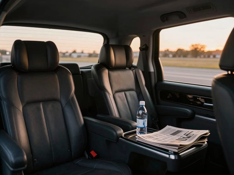 Interior of a modern executive van with immaculate dark leather seats, soft golden hour light filtering through tinted windows, premium bottled water and newspapers visible on the console, cinematic editorial photography.