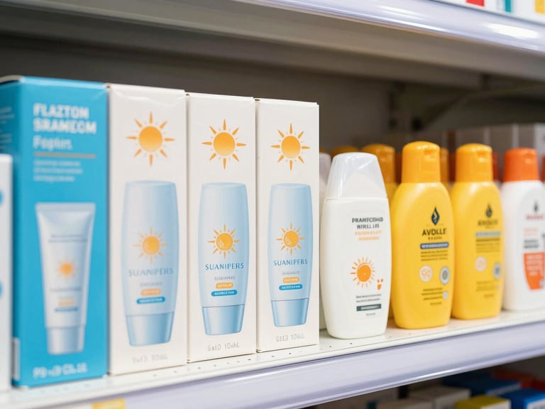 Bright commercial photography of neatly stacked wholesale boxes of sunscreens and repellents on a clean warehouse shelf, sunny natural daylight, vibrant saturated tones, crisp sharp focus
