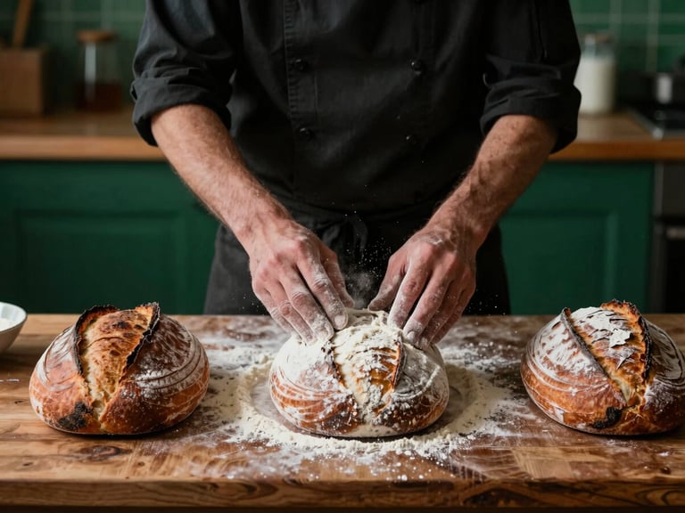 A chef's hands dusting flour onto sourdough loaves on a well-used wooden counter, moody kitchen interior lighting, deep crimson and forest green tones.