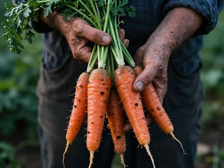 Close-up of soil-stained hands gently holding freshly harvested heirloom carrots, natural high-contrast side-lighting, rich textures, 35mm film, farmer in background.