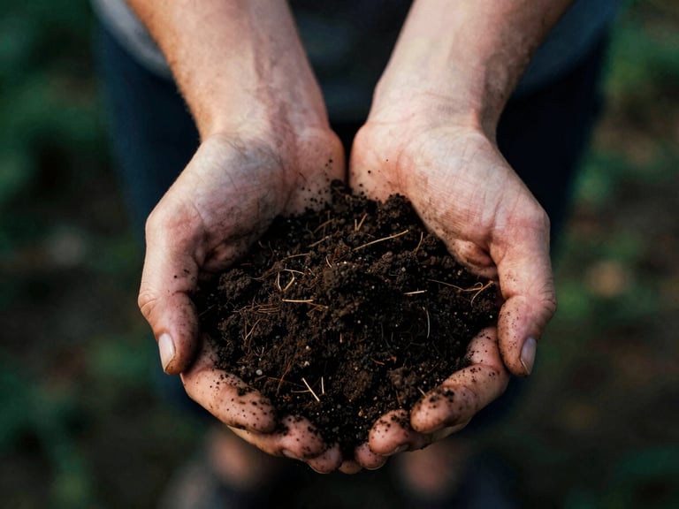 Close-up of soil-stained hands holding a handful of rich, dark earth, natural high-contrast side-lighting, 35mm film aesthetic.