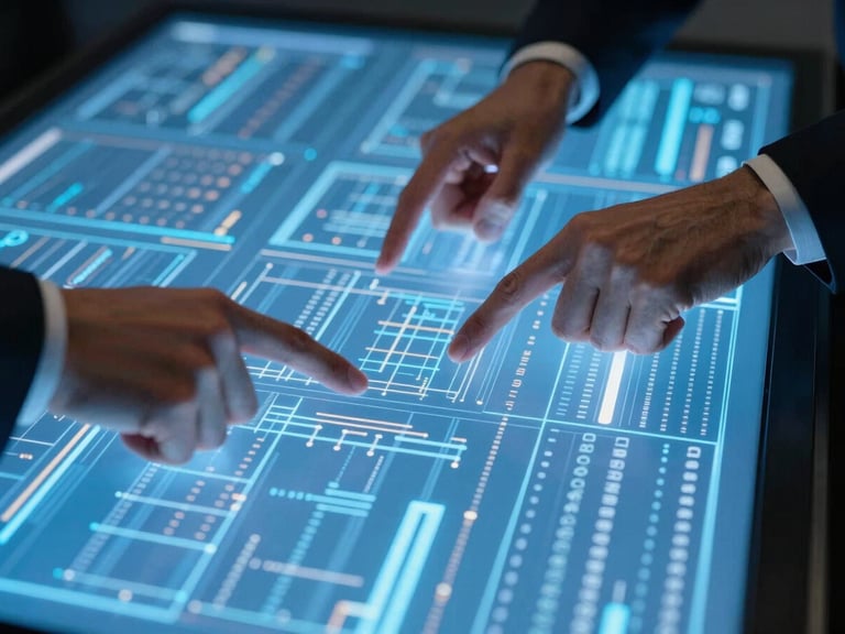 Close-up of strategists' hands analyzing complex data on a glowing blue screen, sharp focus, high-contrast studio light, conveying analysis and insight.