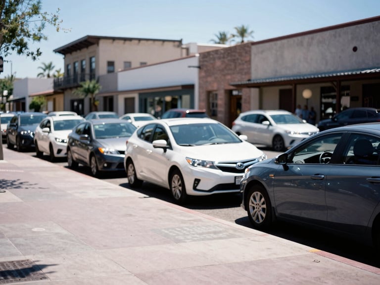 A crisp editorial photograph of downtown Tucson streets during bright desert daylight, with modern clean vehicles parked along the curb and historic architecture in the background, 35mm.