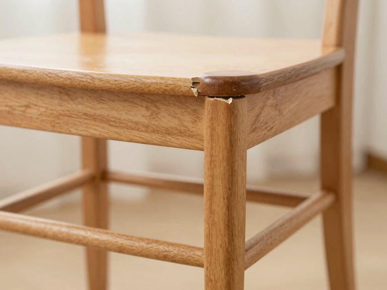 Close-up of a broken wooden chair leg, clearly damaged and unstable, in soft indoor lighting.