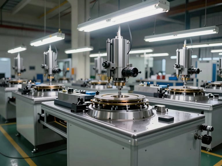 Wide shot of a multi-station rotary indexing SPM on a factory floor under overhead fluorescent task lighting, steel fixture plates and pneumatic cylinders visible mid-operation, components staged in each station, industrial floor and structural columns in background