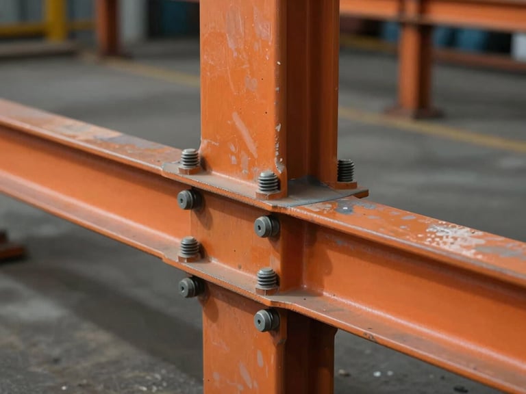 Close-up of a heavy-duty steel mezzanine floor connection, thick bolts, safety orange powder-coated beam, raw industrial warehouse background