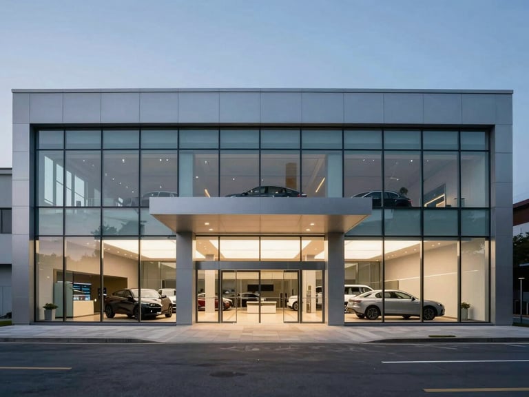 Symmetrical straight-on architectural exterior shot of a modern glass-and-steel auto dealership at twilight, clean high-contrast tones, wide-angle lens, crisp structural details, 35mm