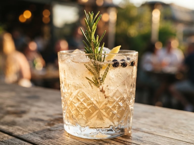 Elegant close-up of a sparkling rosemary-infused gin cocktail with condensation, soft golden-hour light reflecting on polished glassware, shallow depth of field, 35mm