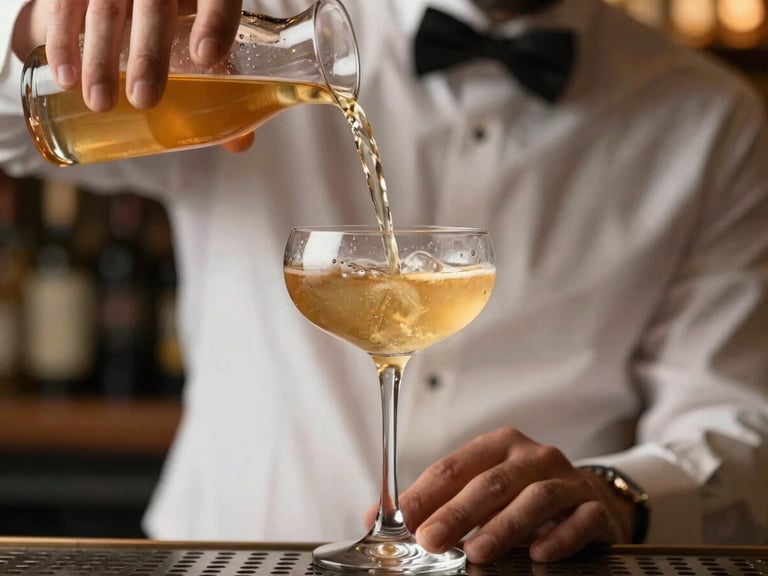 Close-up of a professional bartender in clean attire pouring a golden cocktail into a coupe glass, condensation on the glass, shallow depth of field, 35mm