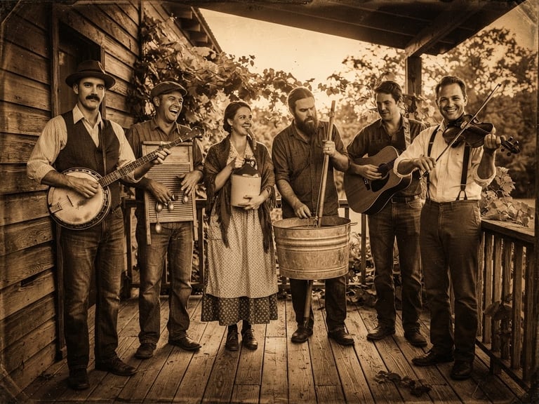 A high-contrast sepia tintype photograph of the six-member Iron Ridge Jug Band standing on a wooden porch with their instruments, including a washboard, a tub bass, a banjo, and a large gallon jug. Warm dusty golden-hour light.