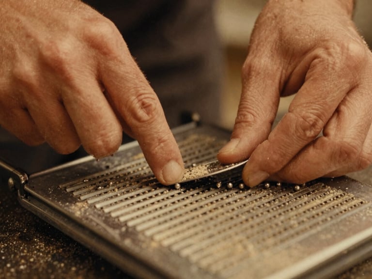 Close-up of hands scraping a metal washboard with thimbles, dusty light, warm amber tones, shallow depth of field.