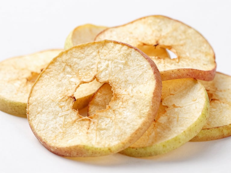 Close-up of thin, light brown dehydrated apple rings, showing fiber structure, on a sterile white background, diffused studio light, macro depth of field