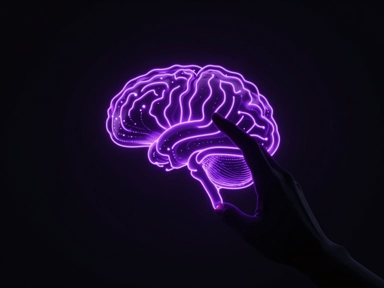 Dark futuristic 3D render of a subtle silhouette of a hand interacting with a glowing neon purple cognitive interface, deep obsidian background, high-contrast cinematic lighting, wide shot