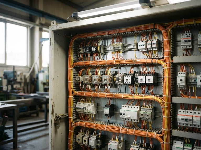 Close up of an industrial control panel with neatly arranged orange and yellow wiring, bright clean work light, documentary engineering photography, 35mm