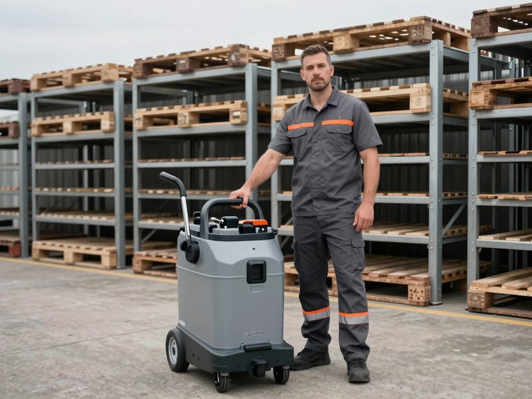 Technicien en uniforme de CleanIndus utilisant une autolaveuse dans un grand entrepôt propre et bien rangé, lumière naturelle diffuse, palettes et rayonnages en arrière-plan, tons neutres et bleus