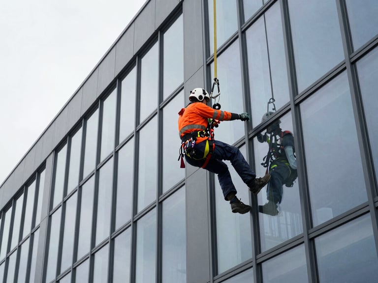 Technicien en harnais de sécurité nettoyant une grande façade vitrée d'un bâtiment industriel moderne, ciel couvert, lumière naturelle, tons bleus et gris