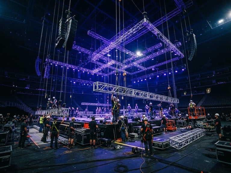 Wide-angle dynamic shot of a massive stage production setup under dramatic violet and blue lights, truss systems being raised, high contrast, cinematic atmosphere