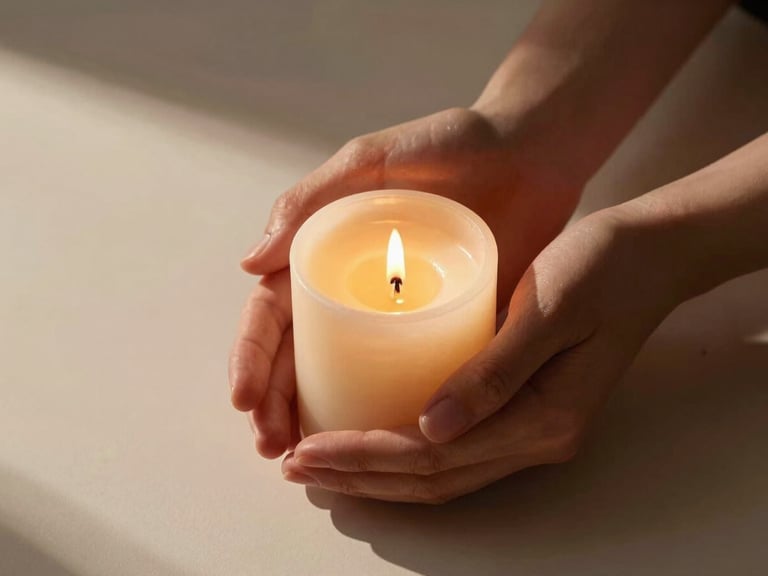 Close-up of hands gently cupping a lit candle, soft shadows, warm chiaroscuro lighting, cream and wine red tones.
