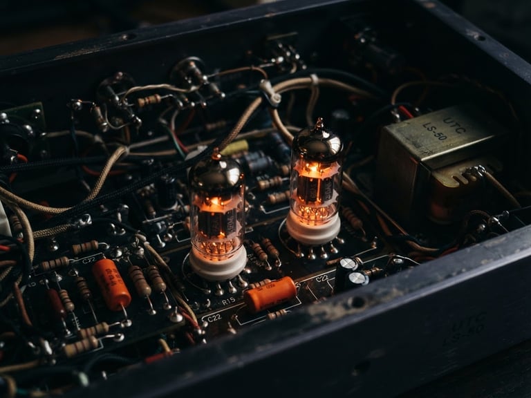 Macro photograph of glowing vacuum tubes inside a high-end analog compressor, warm amber light, deep shadows, cinematic studio lighting, 50mm lens