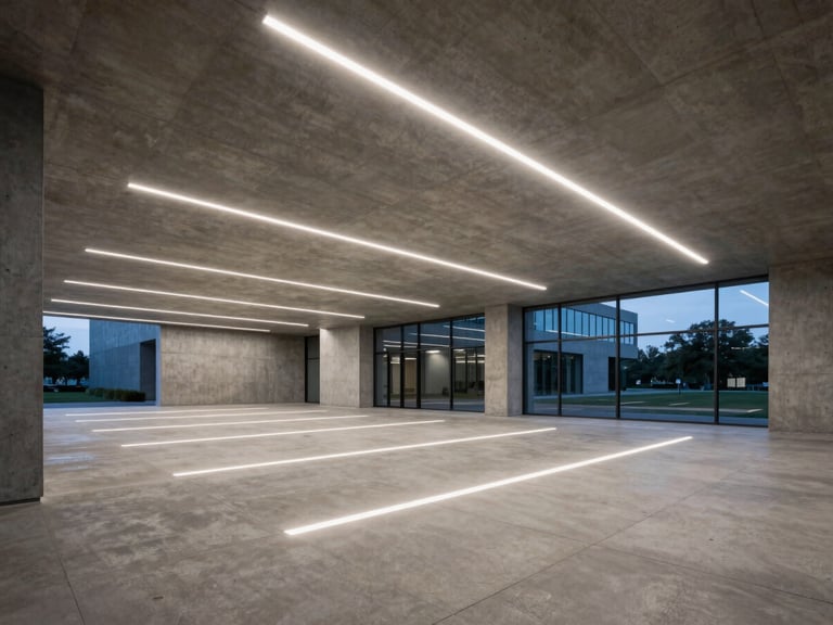 Wide angle view of a modern concrete office lobby at dusk, perfectly calculated linear LED fixtures casting sharp geometric light patterns on the floor, no people.