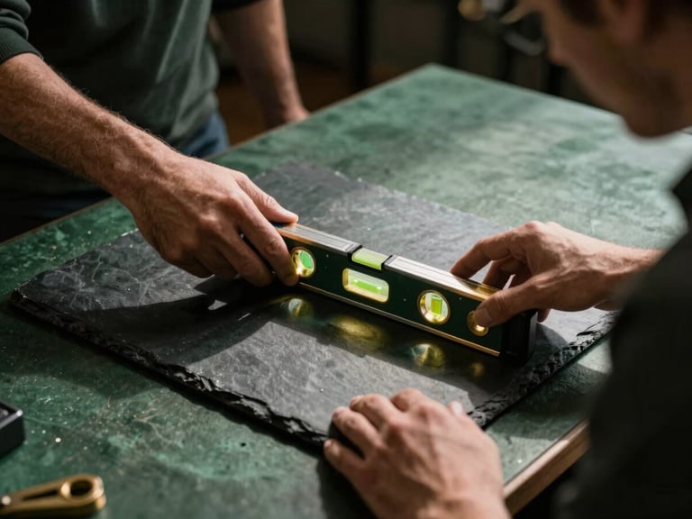 Dramatic editorial shot of a technician using a precision spirit level on a heavy slate table bed, warm overhead lighting casting sharp shadows, forest green cloth, 35mm
