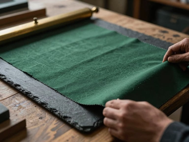 Close-up of a master craftsman stretching rich forest green West of England cloth over a heavy slate frame, warm side lighting, shallow depth of field.