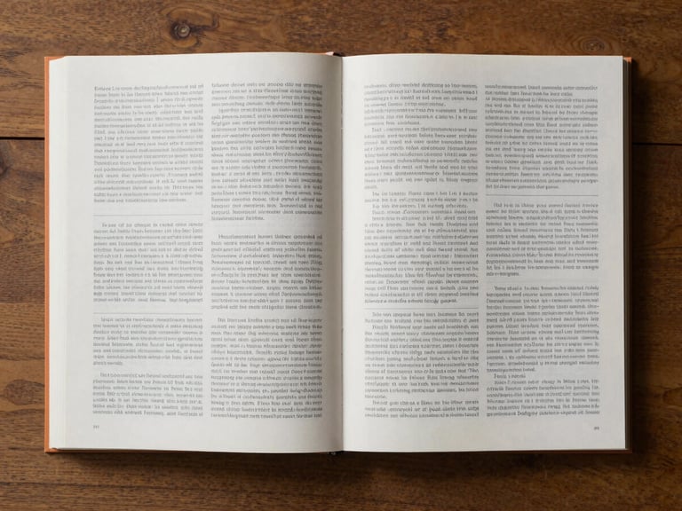 Overhead flat-lay of an open art book on a wooden desk, showing complex grid alignments, generous white margins, and clean asymmetrical column layouts, soft north light.