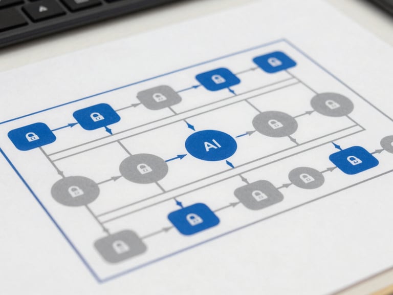 A highly structured technical schematic diagram of an AI model pipeline, showing clean lines, data flow nodes, and zero-trust security boundaries in shades of gray and cobalt blue, shot flat on a white background.