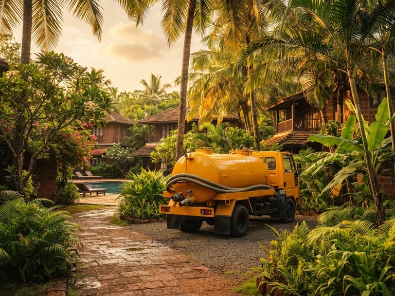 Discreet high-capacity yellow vacuum tanker parked near a luxury Goan resort framed by lush palm trees, golden hour tropical light