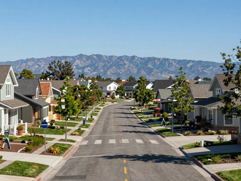 Wide environmental shot of a Northern California planned community at midday, a curving tree-lined boulevard in the foreground leading toward new craftsman homes, mountains visible in the far distance, clear blue sky, no text or signage