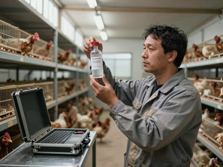 Medium environmental frame: a field technician holding a labeled sample vial up to diffused light inside a poultry facility, rows of layer cages visible in the background, overcast daylight through side ventilation, equipment case open on a metal shelf nearby