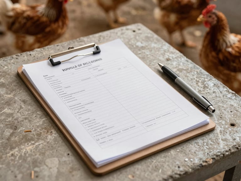 Overhead documentation shot: an open technical inspection report on a clipboard resting on a concrete surface inside a poultry house, pen beside it, flock visible in soft focus in the background under natural daylight, no text legible