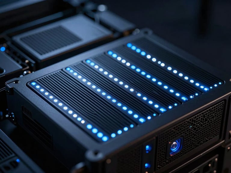 Sleek dark-mode technology photography, macro shot of server hardware blinking with electric blue LED lights, structured architectural lines, moody low-key lighting, high-contrast cinematic, 35mm