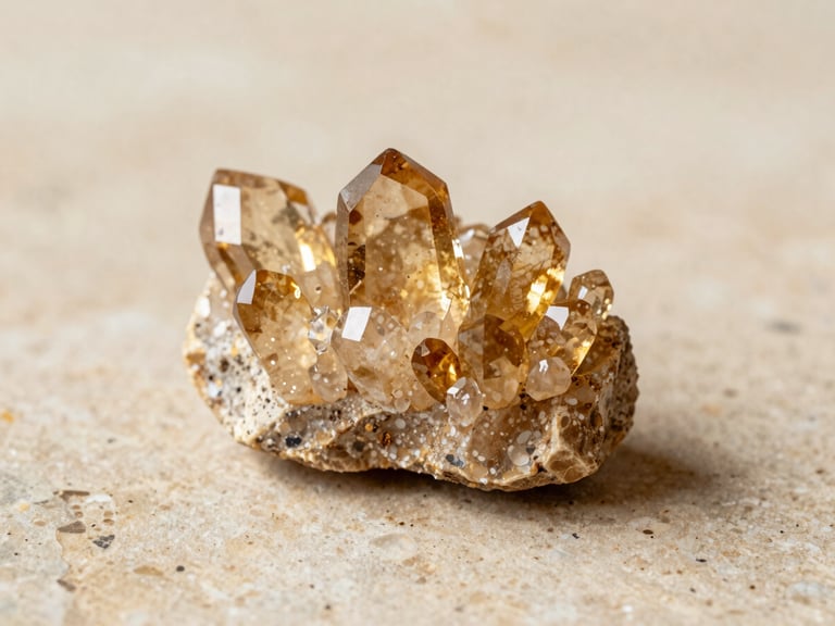 A natural raw citrine crystal cluster with golden translucent points on a stone surface.
