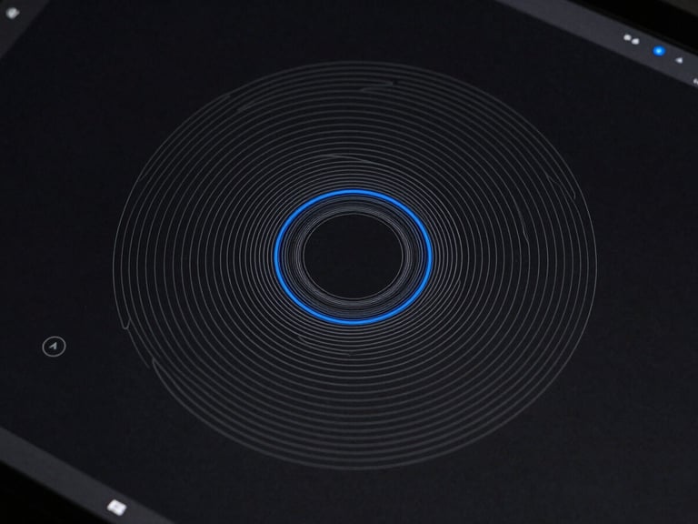 A high-fidelity abstract UI wireframe on a dark screen, crisp studio lighting, high-contrast monochrome with electric blue accents, sharp macro focus