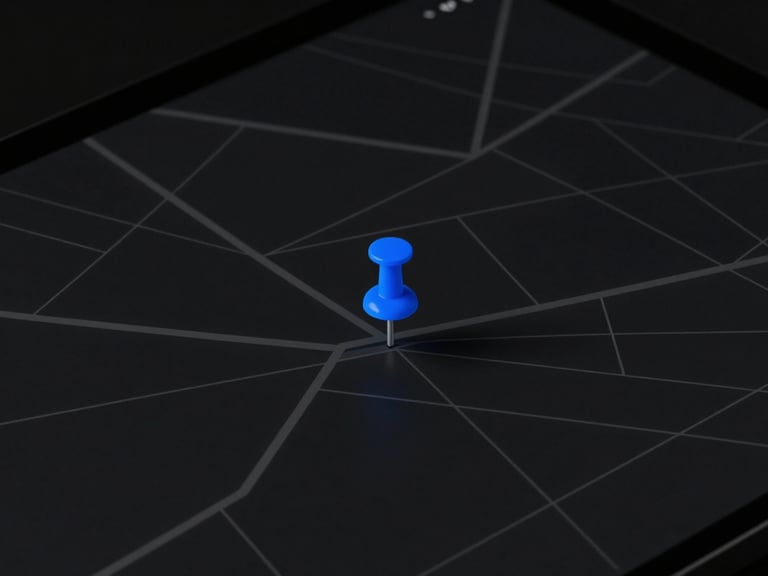 Minimalist high-contrast UI wireframe of a local search map on a dark screen, crisp electric blue pins highlighting a central location, clean geometric layout with deep shadows