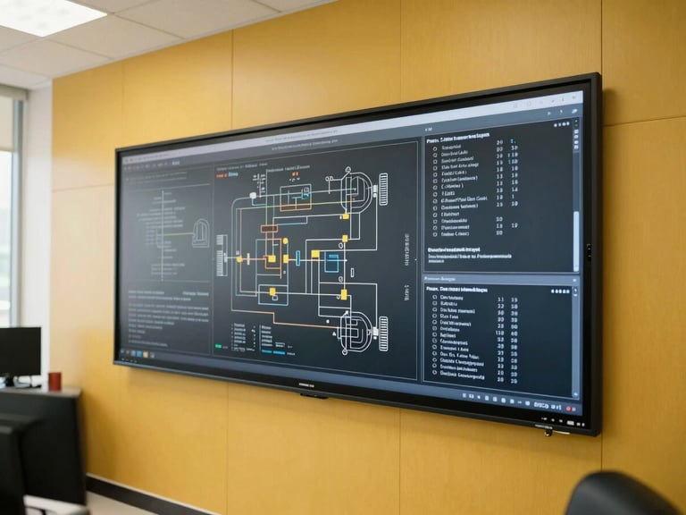 An organized dispatch room in Dubai with technical schematics on a screen, bright indoor utility lighting, clean and professional, 35mm.