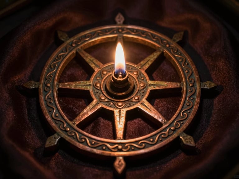 Macro close-up of a hand-etched copper yantra, showing intricate geometric patterns and tarnished brass tones, resting on raw silk under dramatic oil lamp lighting. Deep shadows highlight the craftsmanship.