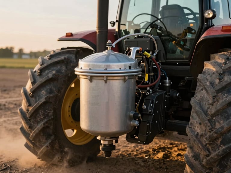 Close-up of a massive tractor engine fuel filter being serviced in a dusty field, dramatic golden hour lighting, technical detail.