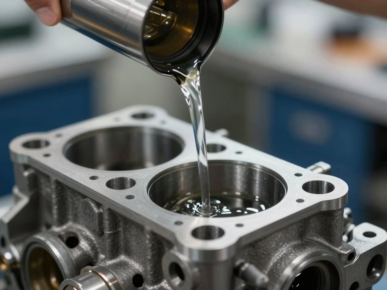 Macro shot of mechanical fluid being poured into a clean engine component inside a professional workshop, focused lighting.
