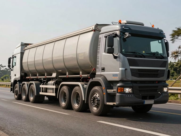Wide shot of a heavy cargo truck driving on a highway in São Paulo, high-contrast daylight, focus on the exhaust and wheels.