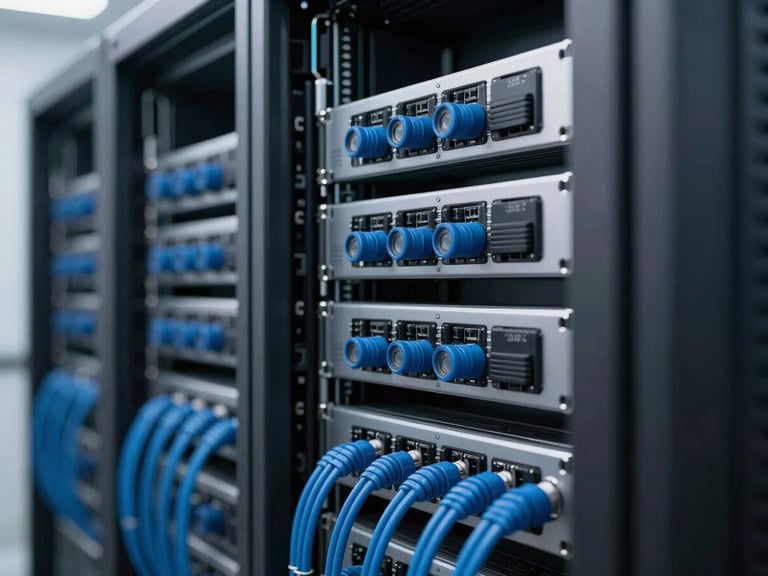 Real server racks with clean, organized blue and cyan cable management, cool daylight studio lighting, macro detail focus, 35mm lens