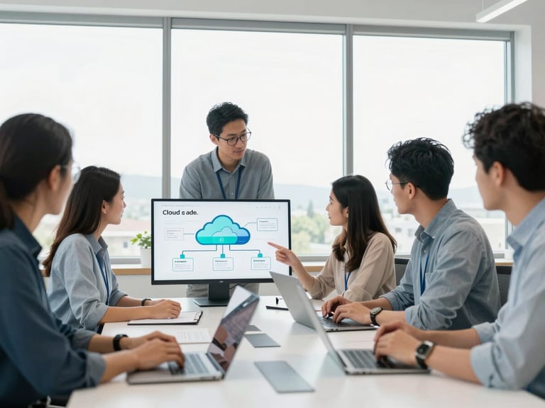 Modern collaborative tech workspace in Aurora Colorado, bright natural window light, professional team analyzing cloud architecture diagrams, 35mm lens